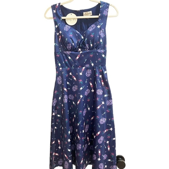 Lindy Bop 50’s Pinup Dress Fit & Flare Sweetheart Neckline Blue Wine Party Sz 4 - Picture 1 of 10